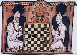 Grabado medieval con dos jugadores musulmanes jugando al shatranj
