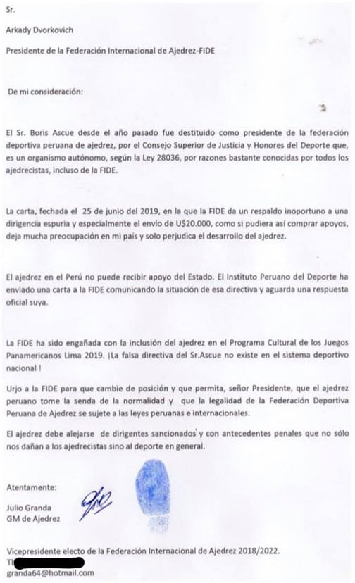 Carta abierta del GM Julio Granda dirigida a la FIDE sobre las  irregularidades de la FDPA - Torre 64 - Ajedrez Peruano