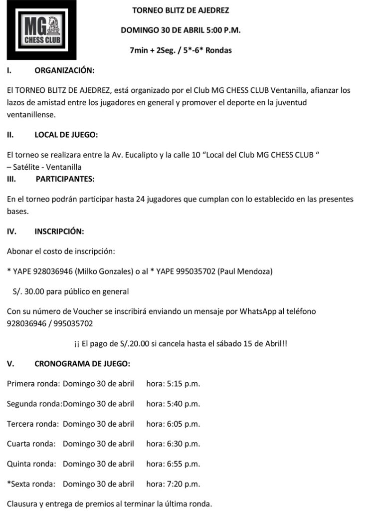 Ventanilla, Lima.- TORNEO BLITZ DE AJEDREZ Club MG CHESS CLUB, 30 abr ...